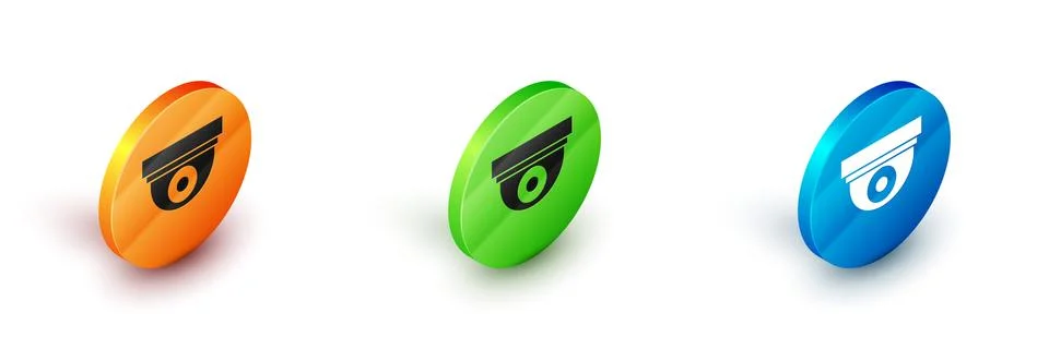 Isometric Security camera icon isolated on white background. Circle button Stock Illustration