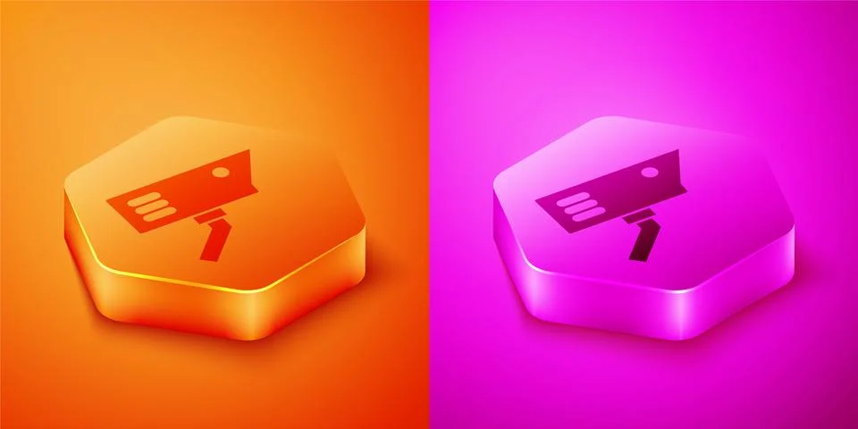 Isometric Security camera icon isolated on orange and pink background. Hexagon Stock Illustration