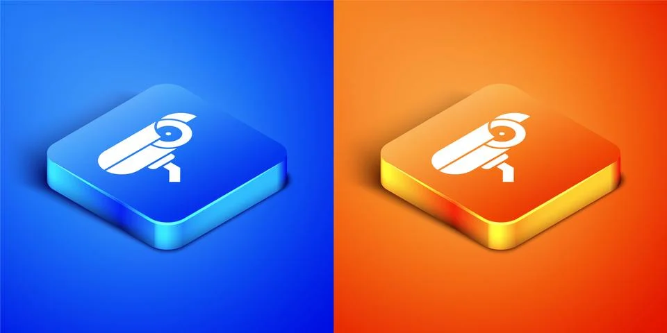 Isometric Security camera icon isolated on blue and orange background. Square Stock Illustration