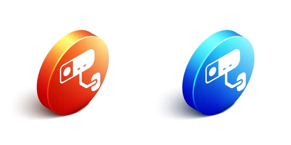 Isometric Security camera icon isolated on white background. Orange and blue Stock Illustration