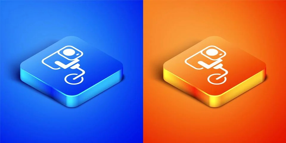 Isometric Security camera icon isolated on blue and orange background. Square Illustrazione stock