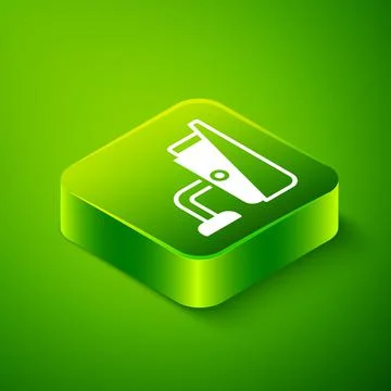 Isometric Security camera icon isolated on green background. Green square button Stock Illustration