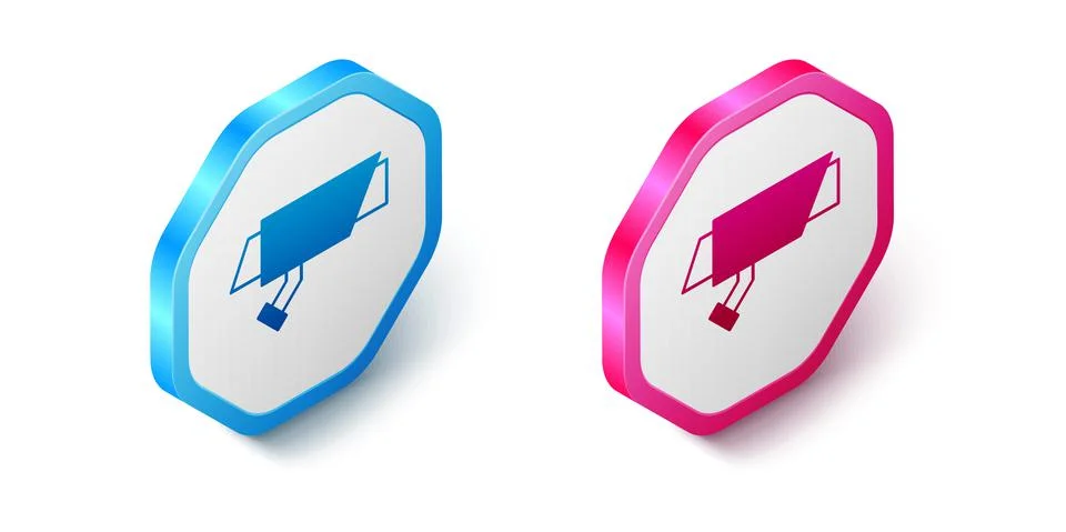 Isometric Security camera icon isolated on white background. Hexagon button Illustrazione stock