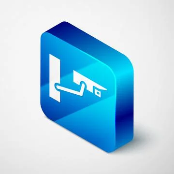 Isometric Security camera icon isolated on grey background. Blue square button Illustrazione stock
