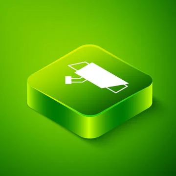 Isometric Security camera icon isolated on green background. Green square button Illustrazione stock