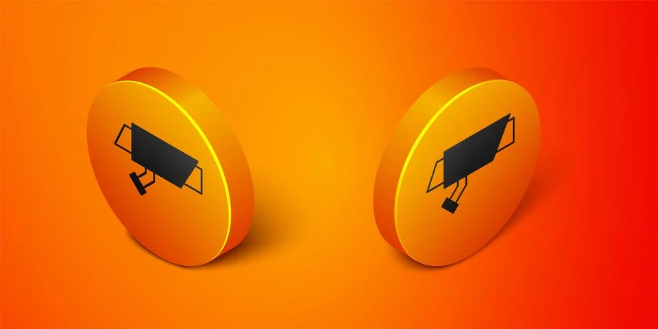 Isometric Security camera icon isolated on orange background. Orange circle b Illustrazione stock