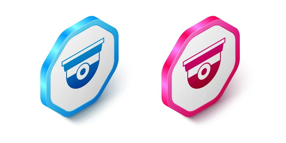 Isometric Security camera icon isolated on white background. Hexagon button.  Illustrazione stock