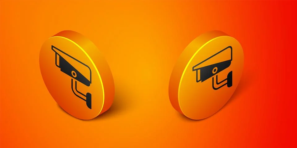 Isometric Security camera icon isolated on orange background. Orange circle b Illustrazione stock