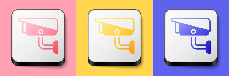 Isometric Security camera icon isolated on pink, yellow and blue background Illustrazione stock