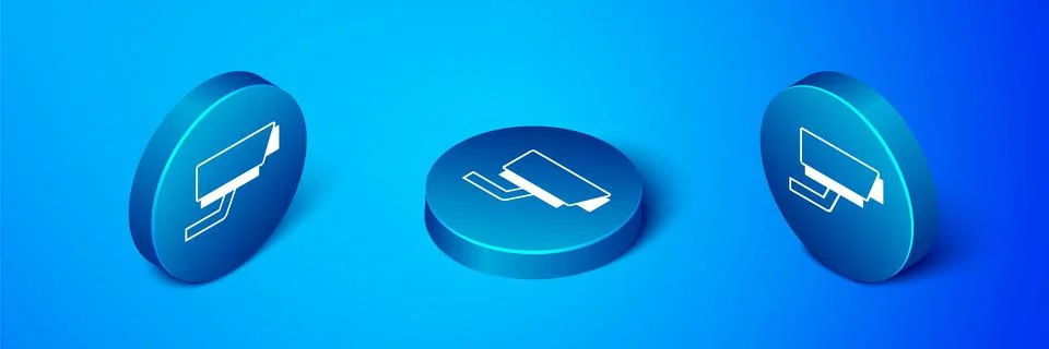 Isometric Security camera icon isolated on blue background. Blue circle butto Illustrazione stock