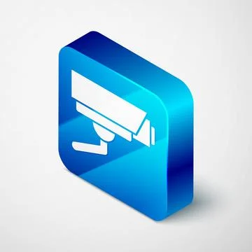 Isometric Security camera icon isolated on grey background. Blue square but.. Illustrazione stock