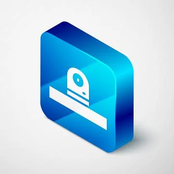 Isometric Security camera icon isolated on grey background. Blue square butto Stock Illustration