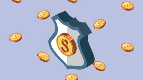 Isometric security shield with falling dollar coins illustrating financial .. Stock Footage 333896998