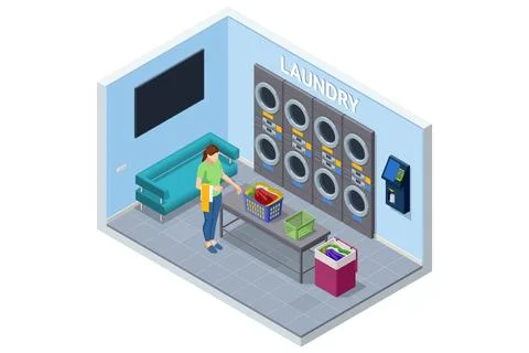 Isometric self service laundry interior with woman sorting clothes near washer Stock Illustration