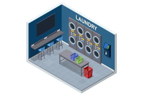 Isometric self service laundry interior with washer and dryer wall, folding Stock Illustration