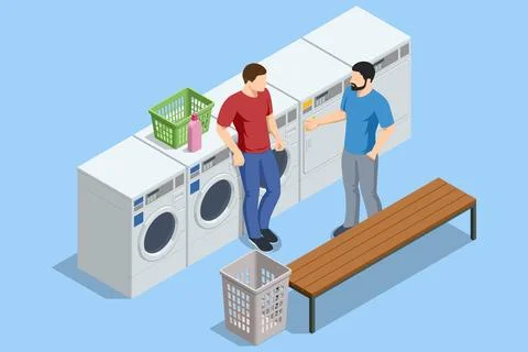 Isometric self service laundry scene with two men near washer and dryer machines Stock Illustration