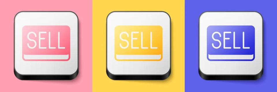 Isometric Sell button icon isolated on pink, yellow and blue background Stock Illustration