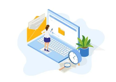 Isometric Sending Email Concept. Message Online Chat Social Text Concept. S.. Stock Illustration