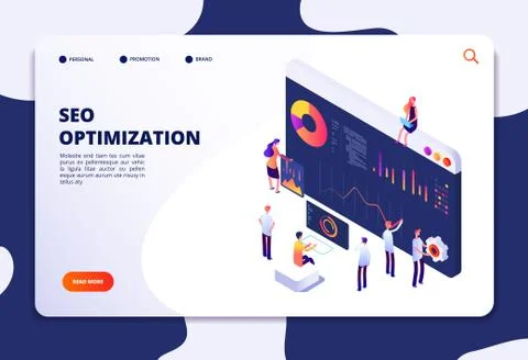 Isometric seo concept. Search engine optimization, media marketing and web Illustrazione stock