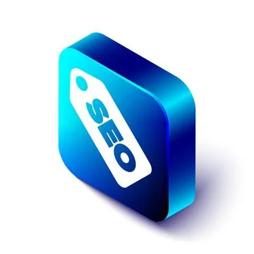 Isometric SEO optimization icon isolated on white background. Blue square button Stock Illustration