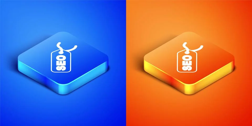 Isometric SEO optimization icon isolated on blue and orange background. Square Stock Illustration