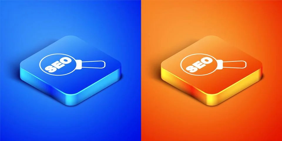 Isometric SEO optimization icon isolated on blue and orange background. Square Stock Illustration