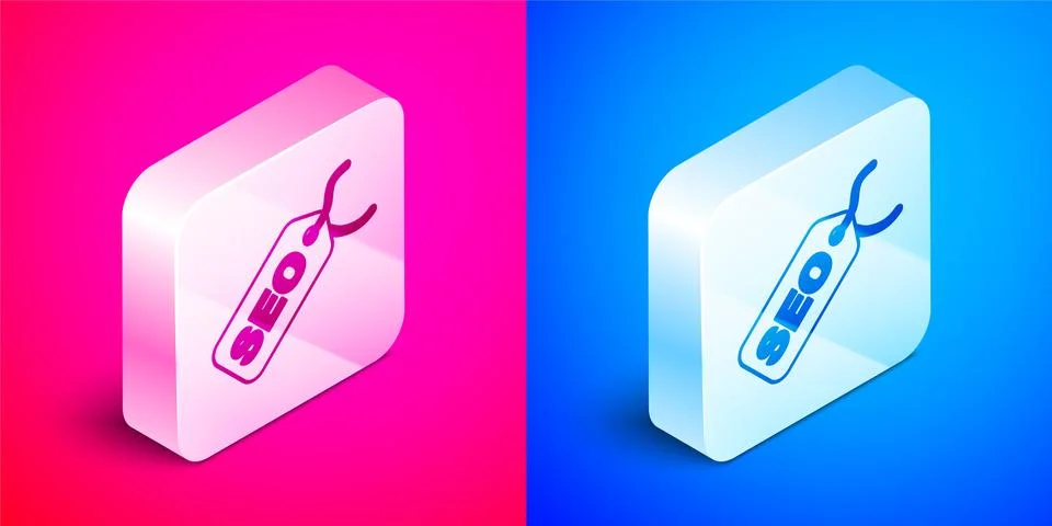 Isometric SEO optimization icon isolated on pink and blue background. Silver Stock Illustration