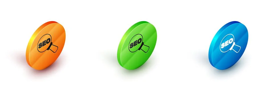 Isometric SEO optimization icon isolated on white background. Circle button Stock Illustration