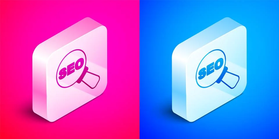 Isometric SEO optimization icon isolated on pink and blue background. Silver Stock Illustration