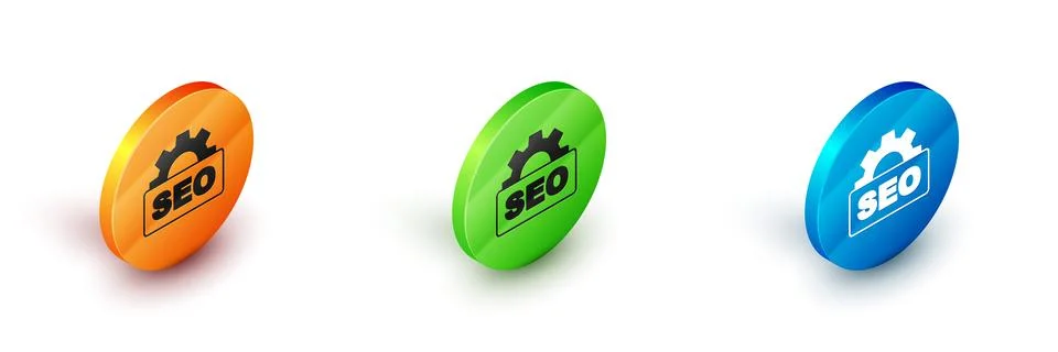 Isometric SEO optimization icon isolated on white background. Circle button Stock Illustration