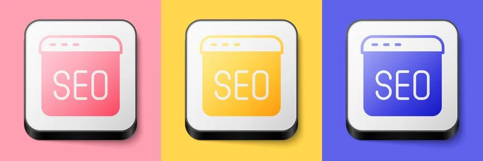 Isometric SEO optimization icon isolated on pink, yellow and blue background Stock Illustration
