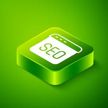 Isometric SEO optimization icon isolated on green background. Green square Stock Illustration