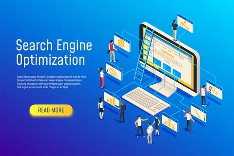 Isometric seo optimization. Website team computer optimizing. 3d seo web si.. Stock Illustration