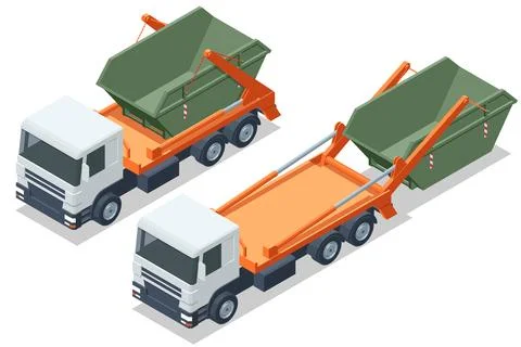 Isometric sequence of skip loader truck and green dumpster shows pickup Stock Illustration