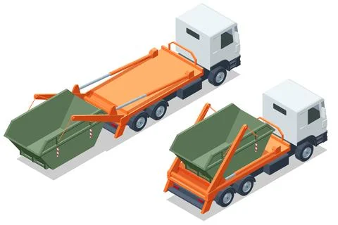 Isometric sequence of skip loader truck and green dumpster shows pickup Stock-Illustration