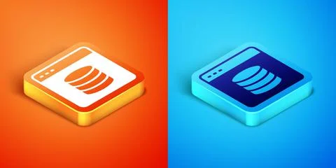 Isometric Server, Data, Web Hosting icon isolated on orange and blue background Illustrazione stock