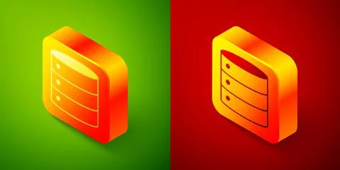 Isometric Server, Data, Web Hosting icon isolated on green and red background Stock Illustration