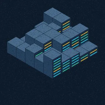 Isometric server racks with glowing drives arranged in pyramid structure on.. Stock Illustration