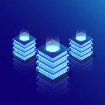 Isometric server room and big data processing concept, datacenter and data ba Stock Illustration