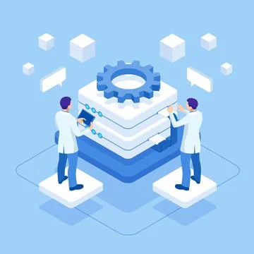 Isometric Server room and big data processing concept. Big data storage and Stock Illustration