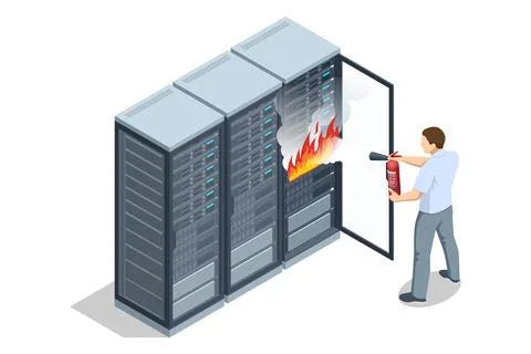 Isometric server room fire with man using fire extinguisher Stock Illustration