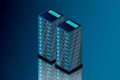 Isometric server room. Futuristic technology of data protection and processin Illustrazione stock
