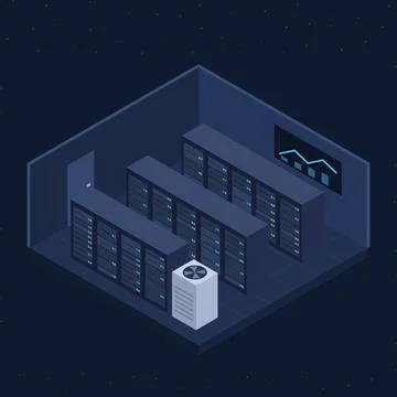 Isometric server room illustration with rows of server racks, cooling unit and Stock Illustration