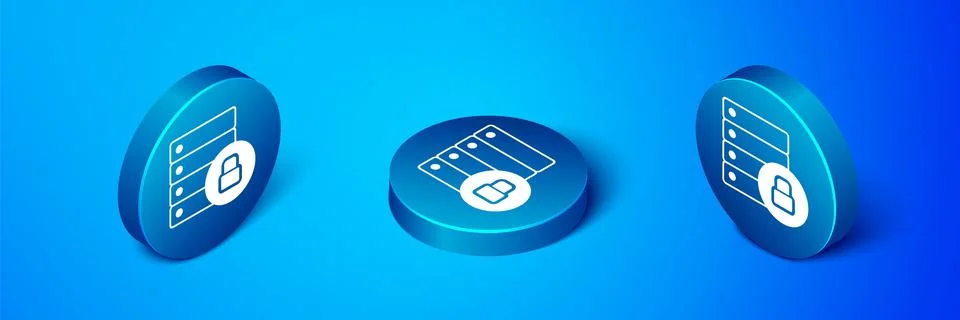 Isometric Server security with closed padlock icon isolated on blue background Stock Illustration