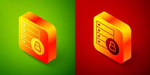 Isometric Server security with closed padlock icon isolated on green and re.. Stock Illustration