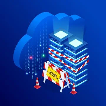 Isometric server under repair. Big data dark server room with server equipment Illustrazione stock