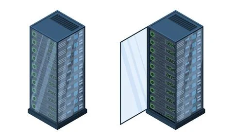 Isometric servers. Data storages. 3D computer equipment. Storage database. .. Stock Illustration