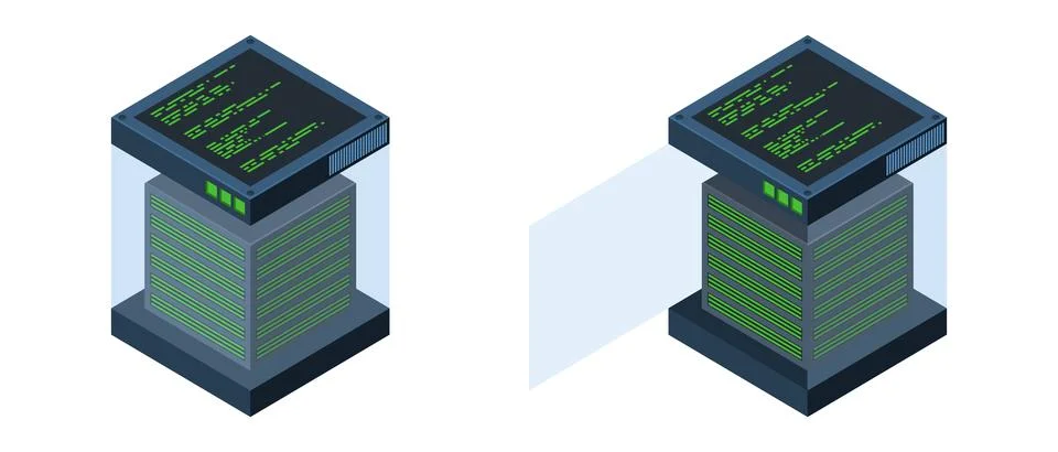 Isometric servers. Data storages. 3D computer equipment. Storage database. .. Stock Illustration