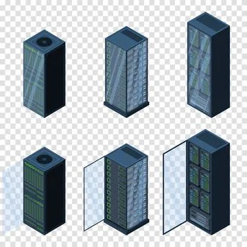 Isometric servers. Data storages. 3D computer equipment. Storage database. .. Illustrazione stock