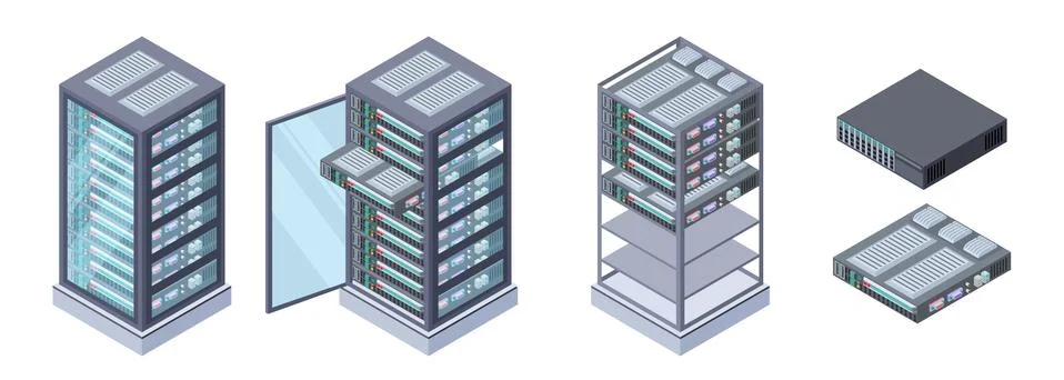 Isometric servers, data storages vector. 3D computer equipment isolated on white 스톡 일러스트